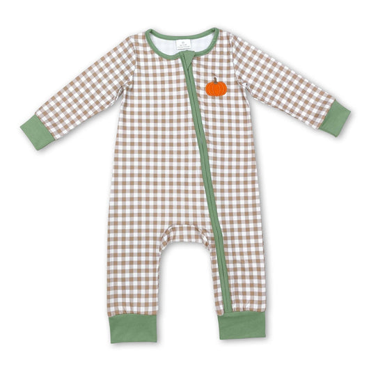 Plaid pumpkin baby boy zipper fall romper