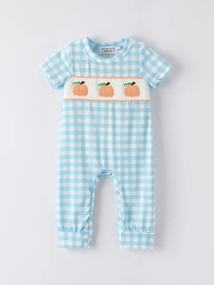 Blue Gingham Pumpkin Romper