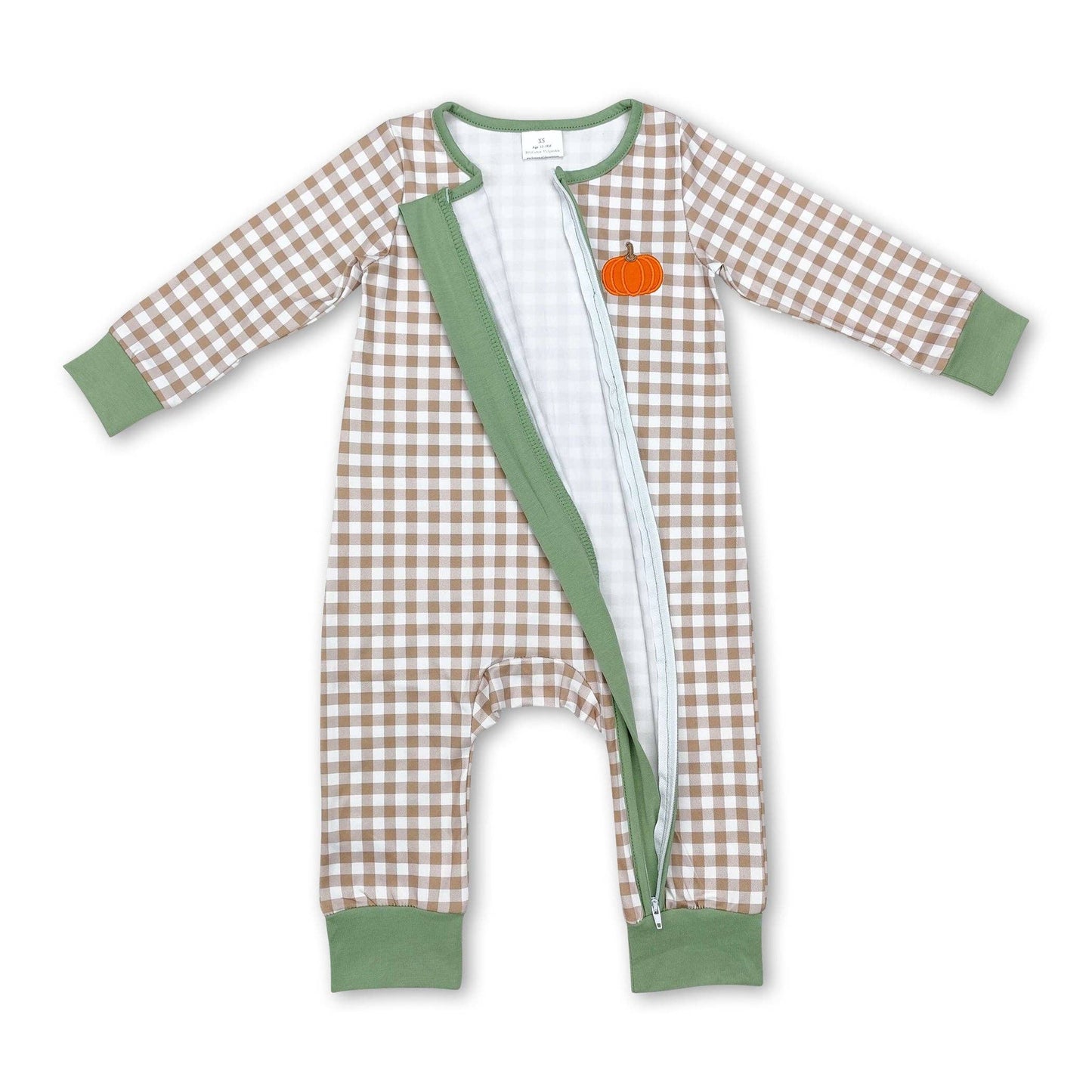 Plaid pumpkin baby boy zipper fall romper